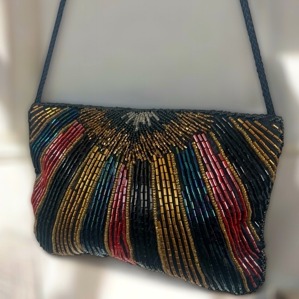 Vintage Black Blue Gold Red Multicolor Sunburst Beaded Bag Purse Clutch
